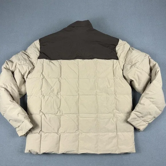 Lands' End Down Puffer Jacket Mens Large Tan Brown‎ 600 Fill Quilted Snap Front